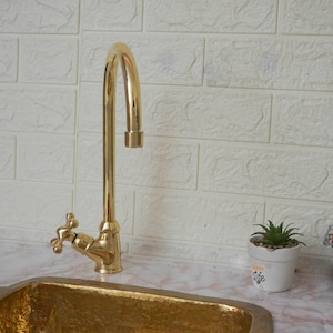 Unlacquered Brass Bar Kitchen Faucet, Cold Water Single Hole, Traditional Cross Handles