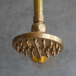 以下が含まれることがあります： 丸い平らな顔と複数の小さな尖った穴を持つ金色のシャワーヘッド。シャワーヘッドは長い円筒形のパイプに取り付けられています。