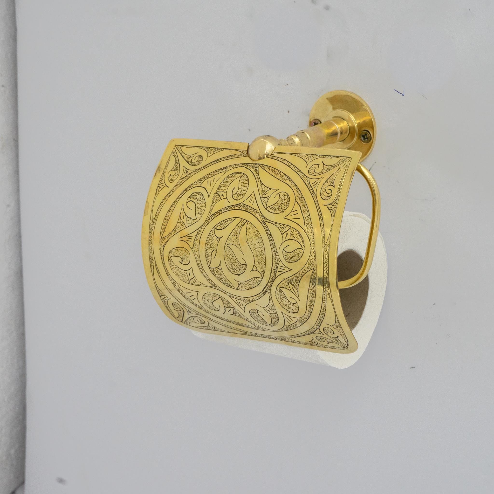 Antiker Toilettenpapierhalter Aus Messing Mit Deckel – Wandmontage, Schnitz-Design In Braun