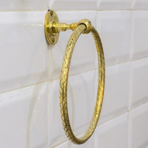 Unlacquered Brass Bathroom Towel Holder, Wall Mount Brass Towel Holder, Hand Etched Towel Ring
