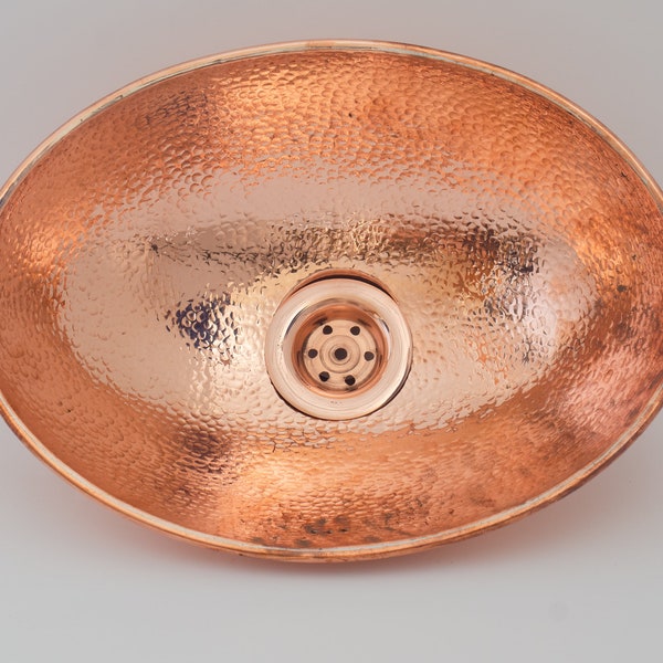 Oval Solid Copper Vessel Sink, Hammered Bathroom Vanity Sink, Powder Room Basin Sink