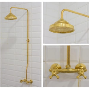 Unlacquered Brass Exposed Shower System, Solid Brass Outdoor Shower, Brass Showerhead