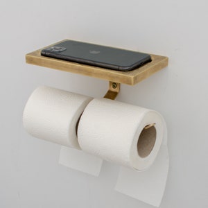 Porta carta igienica e mensola in ottone massiccio, porta rotolo per bagno di servizio artigianale