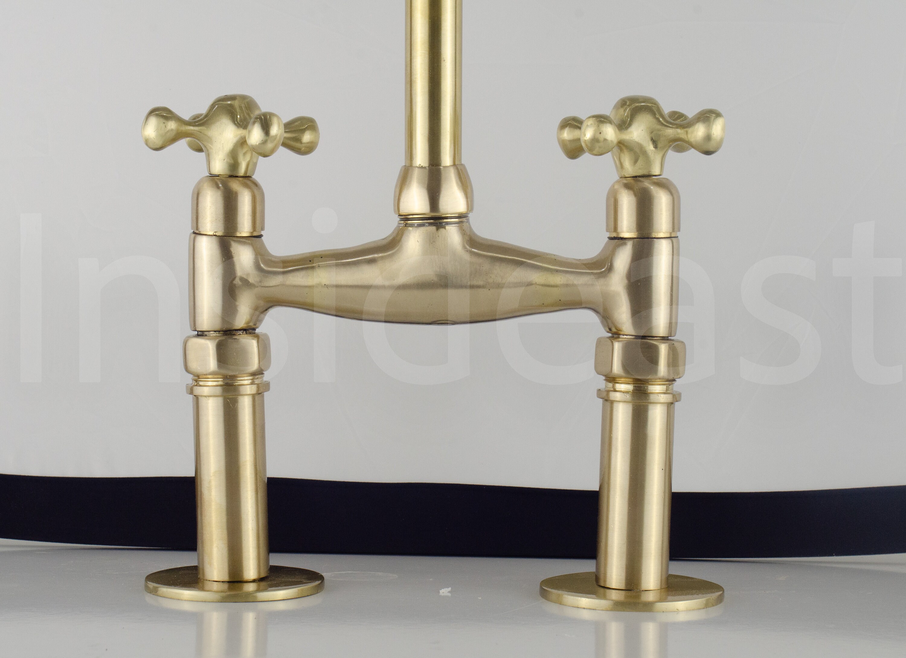 Brushed Brass Bridge Kitchen Faucet Unlacquered Solid Brass Etsy