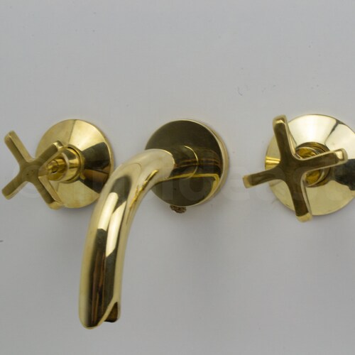 Brass Wall Mount Faucet Unlacquered Gooseneck Bathroom Faucet Etsy