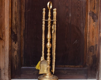 Antiek ongelakt messing haardgereedschap