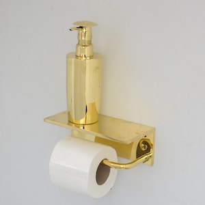 Mensola galleggiante per bagno in ottone non laccato con gancio, mensola da parete con porta carta igienica
