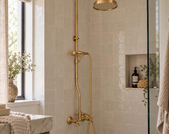 Unlacquered Brass Shower System, Vintage Exposed Shower Faucet Set with Rainfall Shower Head & Handheld Sprayer