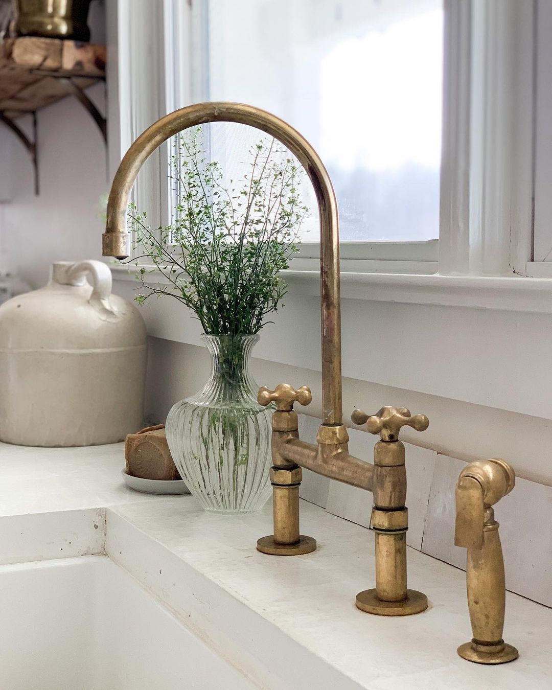 Unlacquered Brass Bridge Kitchen Sink Faucet, Antique Brass, Vintage ...