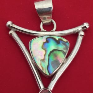 Sterling Silver Pendant with Paua Abalone Shell and Faceted Garnet - Unique Reverse Pyramid Design #1