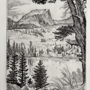 May include: A black and white etching of a mountain landscape with a lake and trees. The artwork, titled "Hallett Peak" by Lyman Byxbe, depicts a mountain, trees, and a body of water, with detailed linework creating depth and texture.