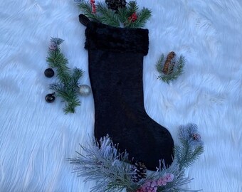 Gothic Christmas Stocking | Black Velvet with Black Faux Fur || Holiday Home Decor || Goth Christmas Gift || Spooky Gift | Gothmas |Krampus