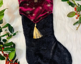 Whimsical Gothic Christmas Stocking | Black Velvet with Burgundy Detailing | Holiday Home Decor | Goth Christmas Gift | Spooky Gift |Gothmas