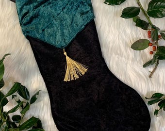 Gothic Christmas Stocking | Black Velvet with Green Detailing | Holiday Home Decor | Goth Christmas Gift | Spooky Gift | Gothmas | Krampus