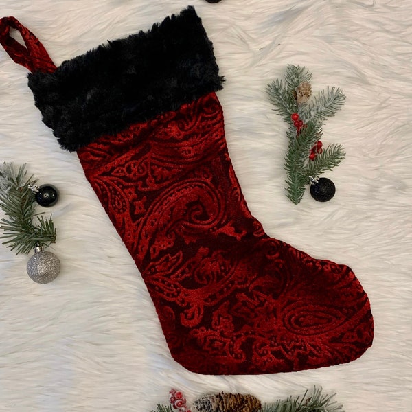 Gothic Christmas Stocking || Red Scroll Velvet with Black Faux Fur || Vampire || Holiday Home Decor || Goth Christmas Gift || Spooky Gift