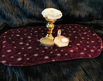 Whimsigoth Altar Cloth Handmade , Burgandy and Gold Velvet  , Witchy Decor  , Bookshelf Decor , Maximalist Decor , Celestial Decor Table