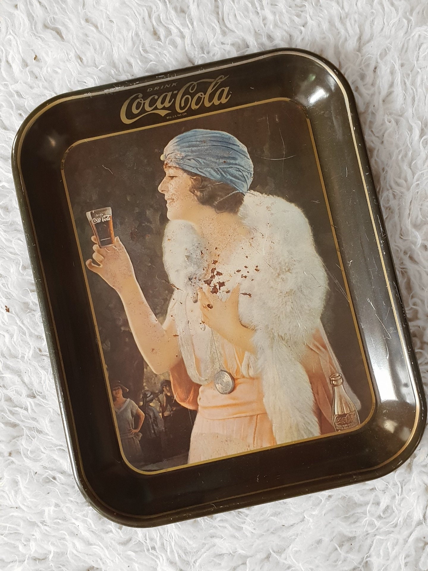 Coca-Cola 1973 Party Flapper Girl Blue Hat Metal Serving Tray Coke Vintage