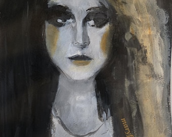 Moody Black and White Abstracr Portrait Painting – Female Acrylic Art (9x12)