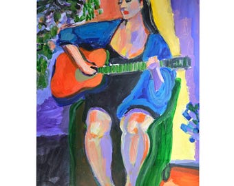 Guitar Girl Original Acrylic Painting, Signed 11x14
