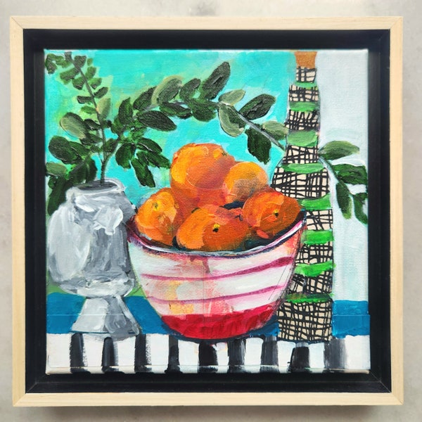 Abstract Tablescape Painting "Reminiscing Rio: A Table Setting with Sunset and Samba Beats" Acrylic on 8x8 in Canvas, Fruit in Bowl -Collage