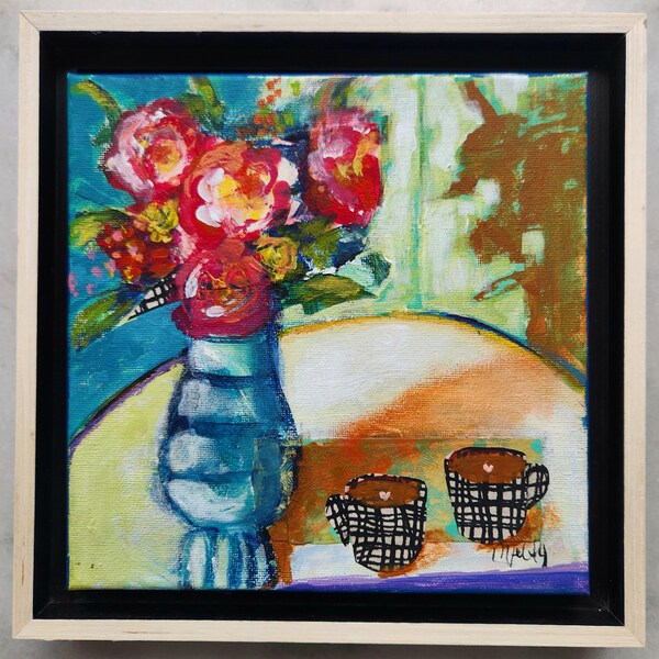 Original Painting -Abstract Tablescape - "Coffee for Two" Acrylic on 8x8 in Canvas - Acrylic and Collage Art, Floral Painting, Flower Art