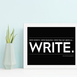 May include: A black and white printable wall art print with the text "WRITE HONESTLY. WRITE FEARLESSLY. WRITE TRUE. BUT ABOVE ALL... WRITE." and the text "THE WRITING MANIFESTO" at the bottom.