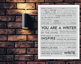 Writing Inspirational Print — Gift for Writer Man or Woman / Holiday Birthday Present for Authors / 12x16 or 18x24 Gray Matte Framed Poster