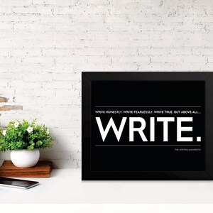 May include: Black and white framed print with the text "Write Honestly. Write Fearlessly. Write True. But above all... WRITE." and the text "The Writing Manifesto" at the bottom.