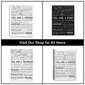 May include: Four black and white printable quote posters with inspirational text about writing, poetry, traveling, and being a writer. The text includes phrases like "You are a writer", "You are a poet", "Embrace the muse", "Write true, but above all... Write."