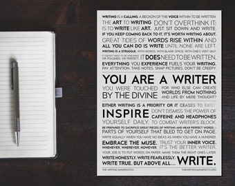 Writer Inspirational Print —  Gift for Writer, Author, Poet, Novelist / The Writing Manifesto Sign / Writers Gift / 12x16 Glossy Gray Poster