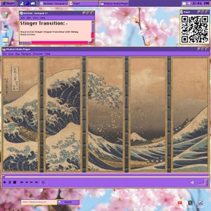May include: A computer screen displaying a stinger transition effect using sliding shoji screens. The background is a digital image of a Japanese wave painting with cherry blossoms.