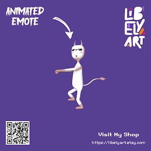 May include: An animated emote of a white creature with horns and a tail, walking on a purple background. The text "ANIMATED EMOTE" is at the top left. The text "Visit My Shop" and a website address are at the bottom.