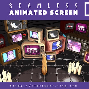 Puede incluir: Ilustración de varios televisores retro, algunos mostrando pantallas animadas con el texto "STARTING SOON". Una figura de gato está colocada frente a los televisores, con velas encendidas en primer plano. El fondo es morado oscuro.