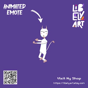 May include: A white animated character with small horns and a tail, set against a purple background. The image includes the text "ANIMATED EMOTE" and a QR code. The shop name "LIBELY ART" is also visible.