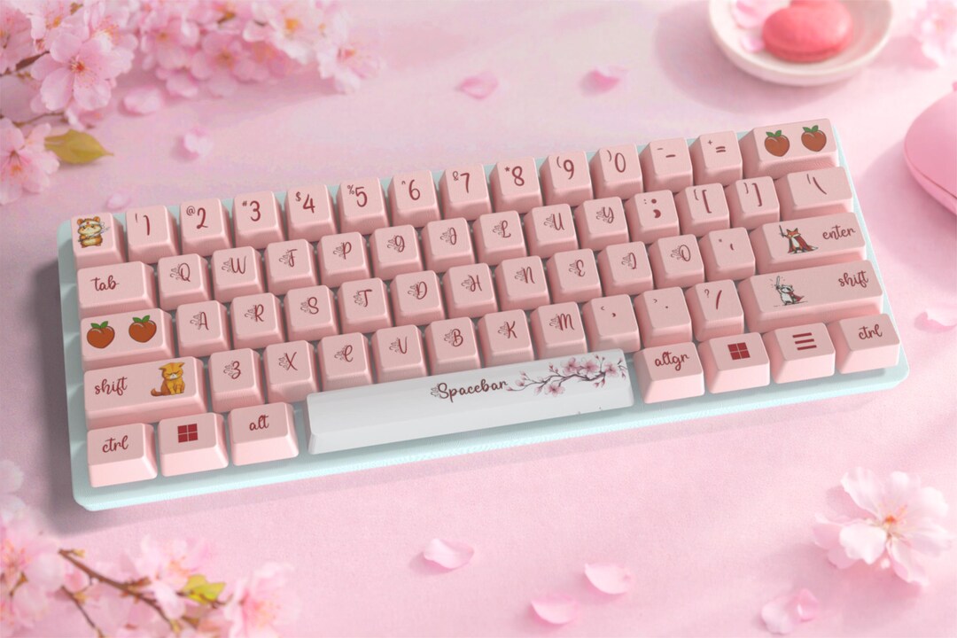 Pink Anime Keycaps – Kawaii Animal, Sakura Spacebar, 60% Keyboard (PBT ...