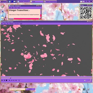 Peut inclure: Un fond floral rose et blanc avec une fenêtre montrant un lecteur vidéo avec un écran noir et des pétales de fleurs roses qui tombent. Le lecteur vidéo a une barre de titre qui dit "Window Media Player" et une barre de contrôle avec des boutons de lecture, de pause et autres. Le texte "Stinger Transition: - Sakura Breeze Stinger: Petal Flourish for Tranquil Transitions" est visible dans une petite fenêtre en haut de l'image.