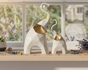 White Gold Elephant Statues – Resin Figurines, Lucky Feng Shui Home Decor