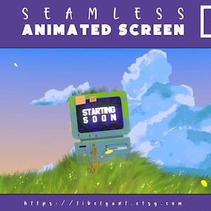 Könnte beinhalten: Ein Computerbildschirm im Retro-Stil mit dem Text "STARTING SOON" auf dem Bildschirm. Der Computer steht auf einem grasbewachsenen Hügel vor dem Hintergrund eines blauen Himmels und weißer Wolken.