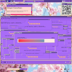 May include: A digital art piece featuring a retro computer interface with a purple color scheme. The screen displays multiple windows with Japanese text, loading bars, and the text "Stinger Transition:-". A QR code is in the upper right corner.