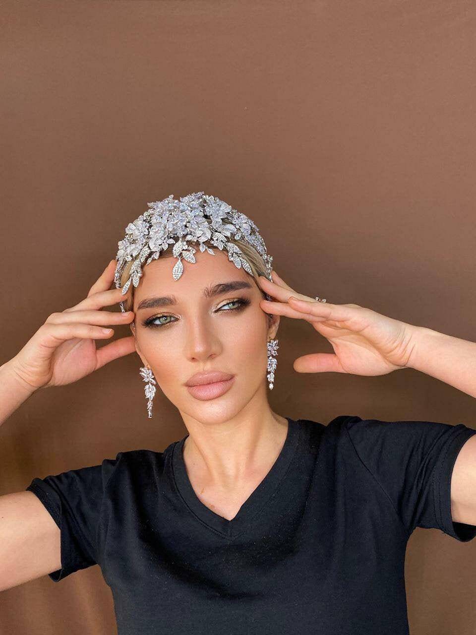 Crystal Forehead Band, With Swarovski Crystals, V Shape, Bridal