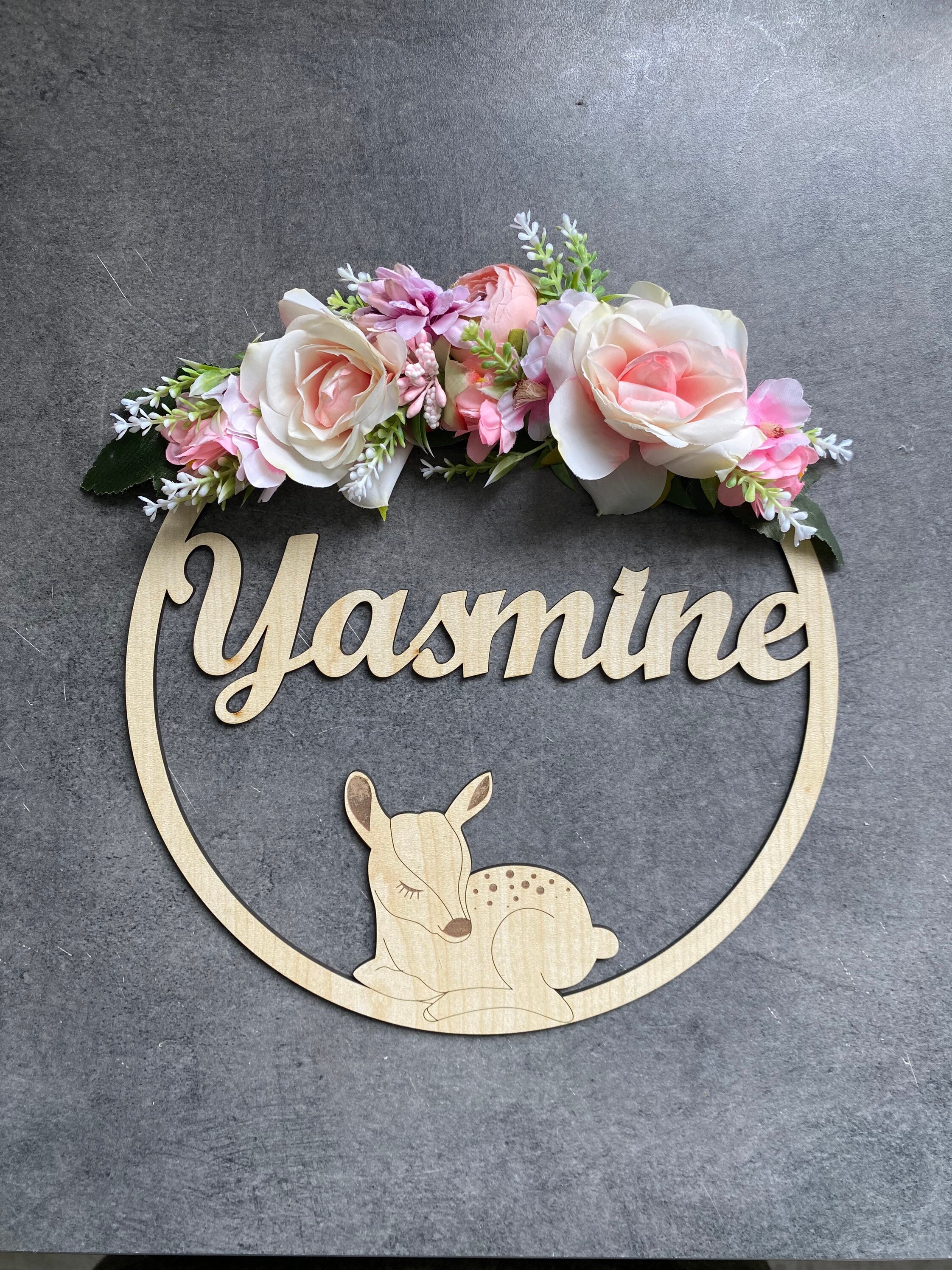 Plaque de Porte Couronne Fleurie avec Prenom/Décoration Murale Prenom