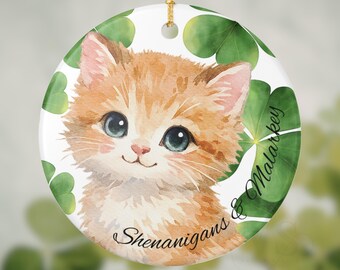 St. Patrick's Day Ornament, Ginger Kitten Hanging Decor, Lucky Clover Cat Design, Round Ceramic Holiday Decoration