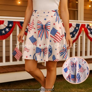4th of July Women&#39;s Skater Skirt - Elegant Spring Fashion, Independence Day Outfit, Patriotic Circle Skirt, Red White Blue A-Line Dress