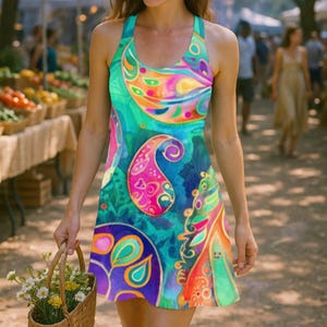 Paisley Style Bohemian Racerback Dress for Women, Summer Parties & Festivals, Vintage, Hippie