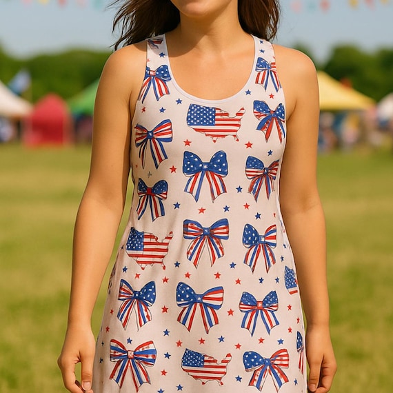 Patriotic Summer Dress, 4th of July USA Flag Bow Dress, Independence Day Outfit, Cute Tank Dress, Red White Blue Festival Dress