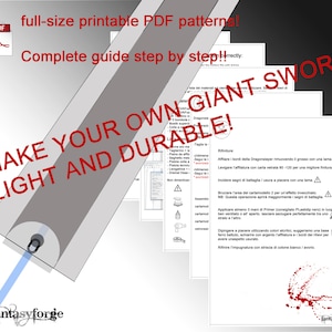 May include: A close-up of a red and white printed paper pattern for a giant sword. The paper pattern is titled "Make Your Own Giant Sword Light and Durable!" and includes instructions for building the sword. The instructions include steps for sanding, painting, and finishing the sword.
