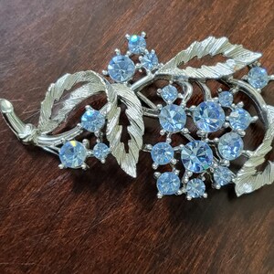 Blue Rhinestone Silver Brooch Vintage Floral Rhinestone Vintage Brooch Signed Blue Rhinestone Pin Silver Tone Blue Rhinestone Floral Pin