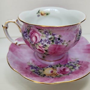Vintage Tea Cup and Saucer Pink Floral Patriark England Pink Chintz Roses Blue Periwinkles Gold Trim Vintage English Cup and Saucer