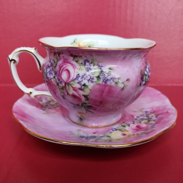 Vintage Pink Floral Tea Cup and Saucer Patriark England Pink Chintz Roses Blue Periwinkles Gold Trim Vintage English Cup and Saucer