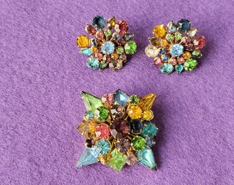 Vintage Rhinestone Brooch & Earrings Set: Colorful Costume Jewelry